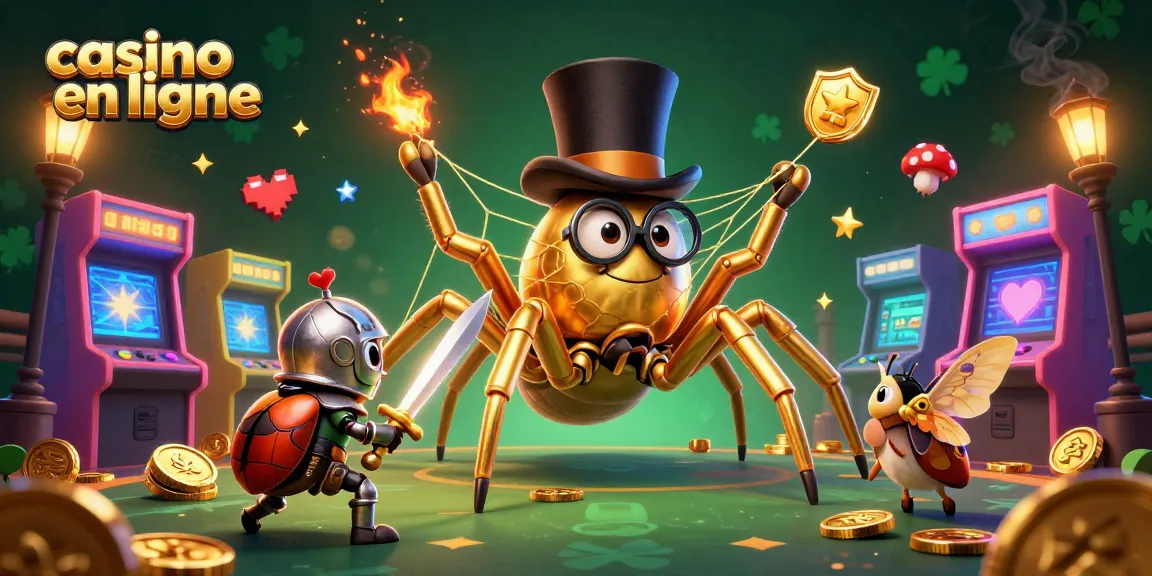 Vivre l'expérience du casino en ligne avec une araignée dorée et un chevalier, entourés de machines colorées.