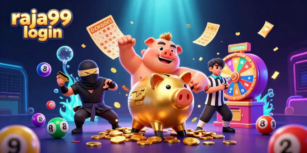 Experience raja99 login with a vibrant piggy bank sumo wrestler and dynamic lottery elements.