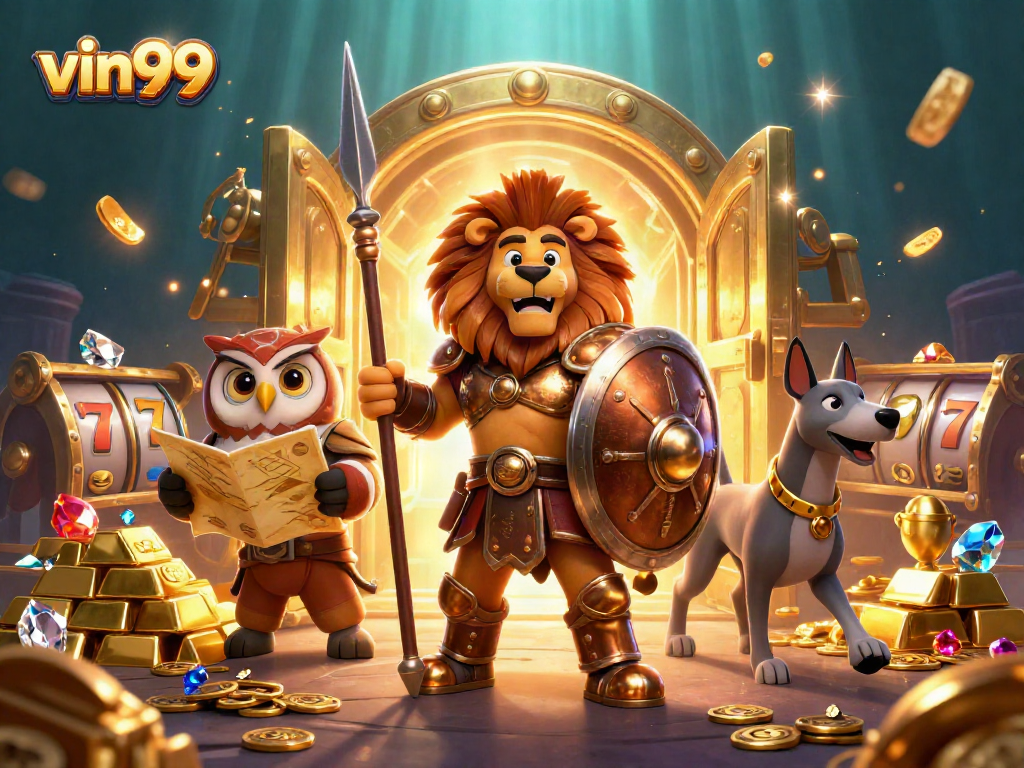 Experience thrilling wins at vin99 with a vibrant 3D casino scene featuring dynamic characters.