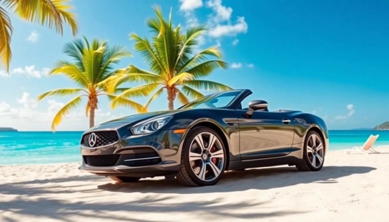 Enjoying st barth car rental with a convertible at a sunny beach, ideal for vacation vibes.