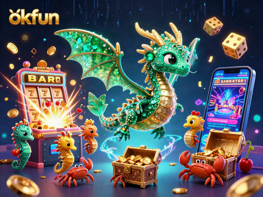 Experience thrilling casino action with okfun's underwater treasure hunt featuring a dragon and slot machine.