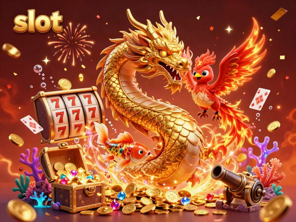 Spin exciting slot reels with the golden dragon, phoenix, and koi fish amidst coins.