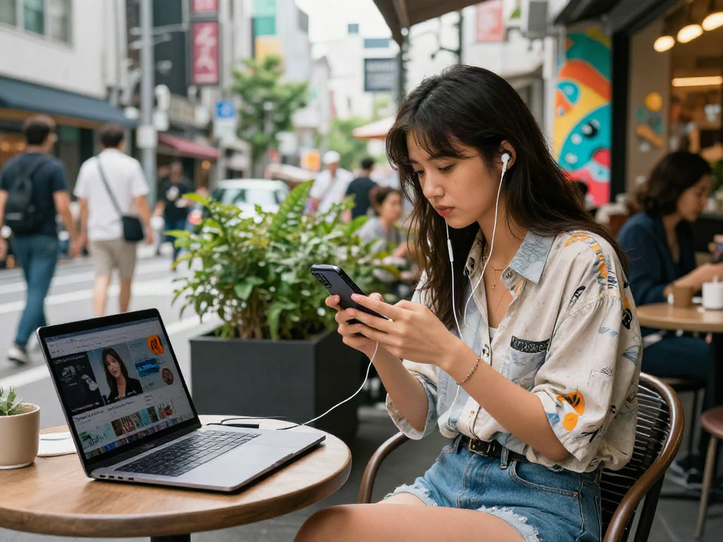 年轻女性街边咖啡馆中使用智能手机，展示日本AV内容，时尚休闲装，活力都市氛围。