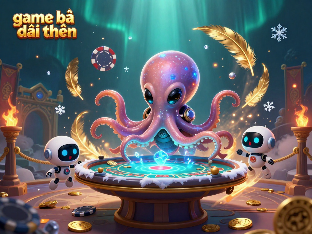Engage in game bài đổi thưởng with a futuristic alien octopus hosting a poker game amid vibrant cosmic elements.