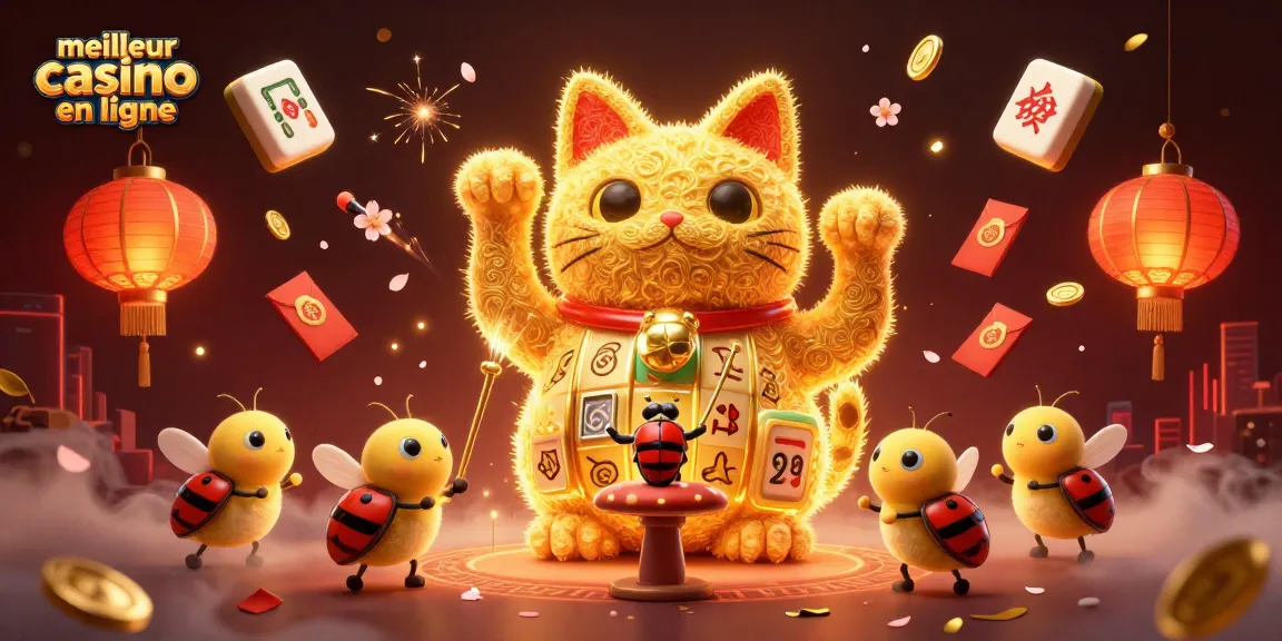Jouez au meilleur casino en ligne avec un chat chanceux en or entouré de symboles de jeux et de lanternes