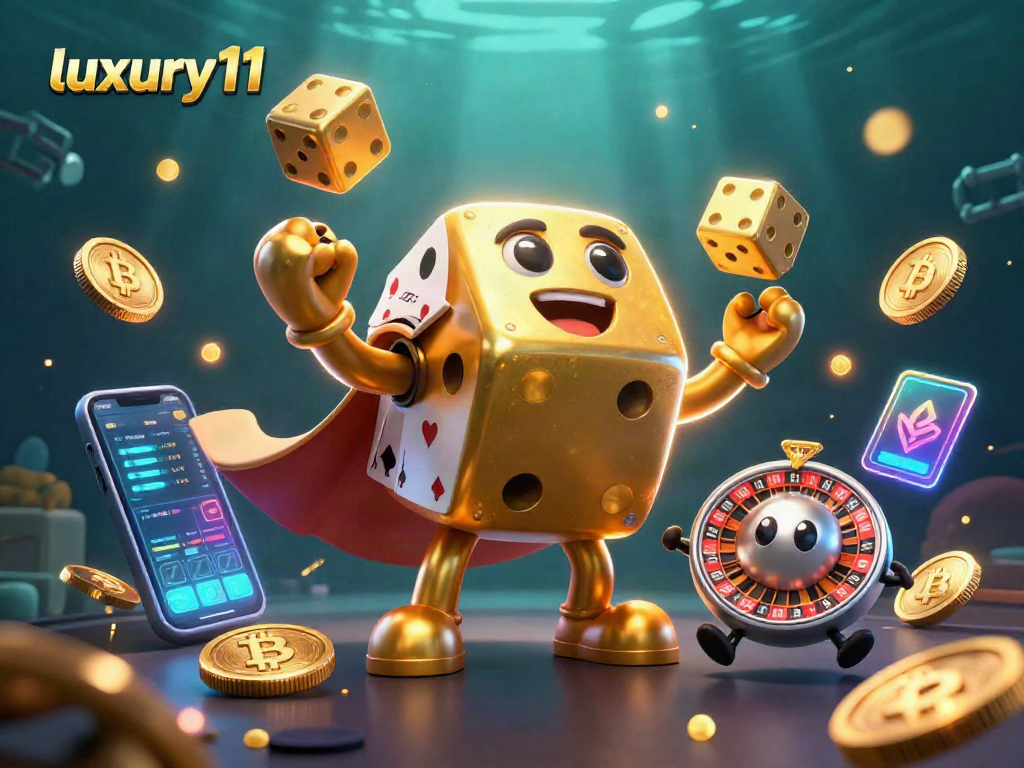 Engage with luxury111 as a golden dice golem juggles dice in a vibrant crypto casino scene.