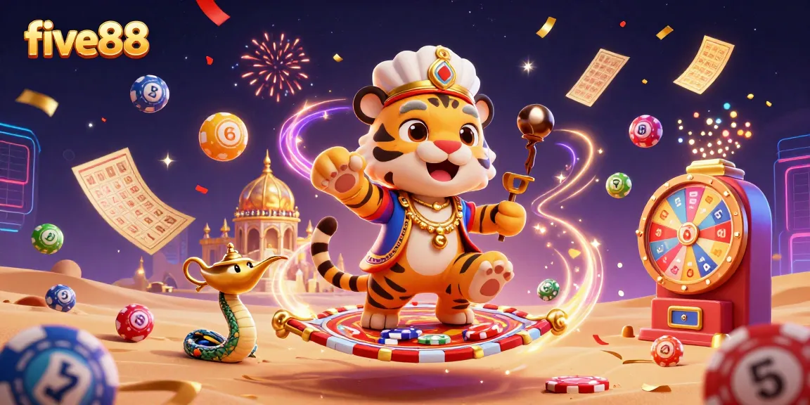 Experience the magical world of five88 with a vibrant, action-packed animated casino scene.