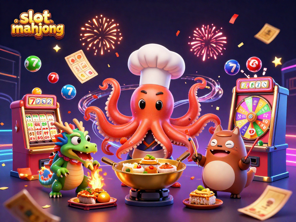 Experience excitement with slot mahjong in this vibrant illustration featuring a sushi chef and friends.