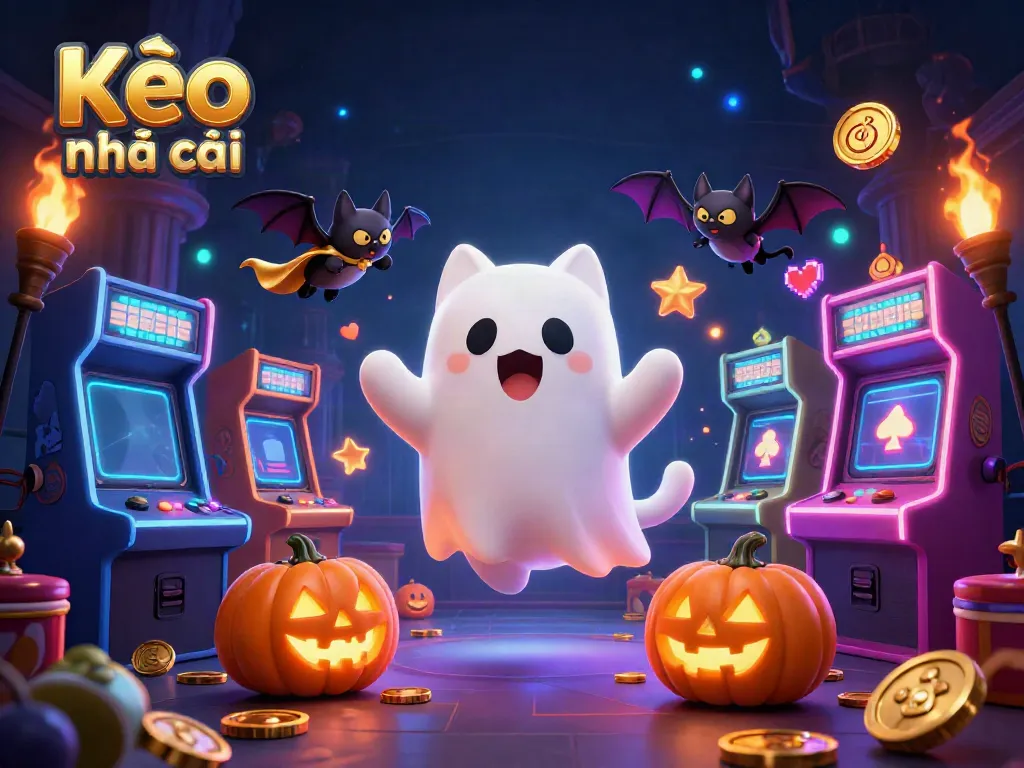 Engaging 3D scene of Kèo nhà cái featuring a ghost cat and vampire bat in a vibrant casino setting.