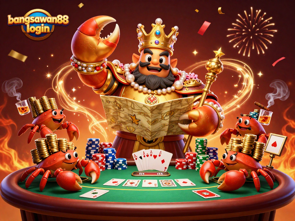 Engage in vibrant gambling excitement with bangsawan88 login featuring a golden crab emperor and poker elements.