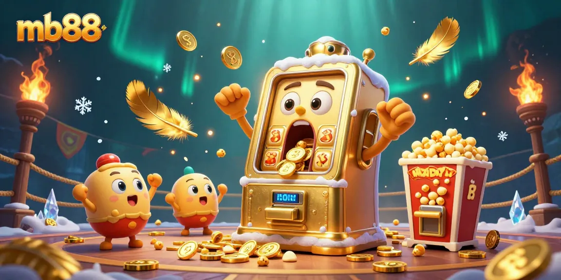 Experience thrilling wins with mb88 as a golden slot machine hits a jackpot amidst cheering companions and dynamic casino elements.