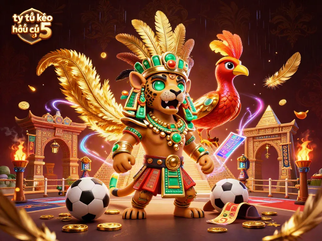 Bet on tỷ lệ kèo nhà cái 5 with sports elements in a vibrant, dynamic illustration.