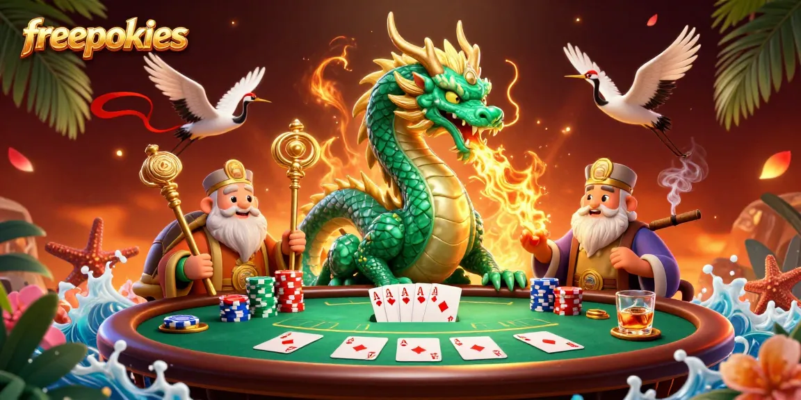 Engage with freepokies through a vibrant scene featuring a jade dragon, turtle sage, and lucky cranes amidst casino elements.