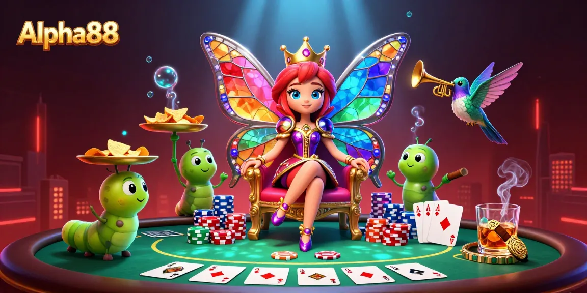 Alpha88 showcases dynamic poker gameplay with a butterfly queen and gaming elements in a vibrant casino scene.