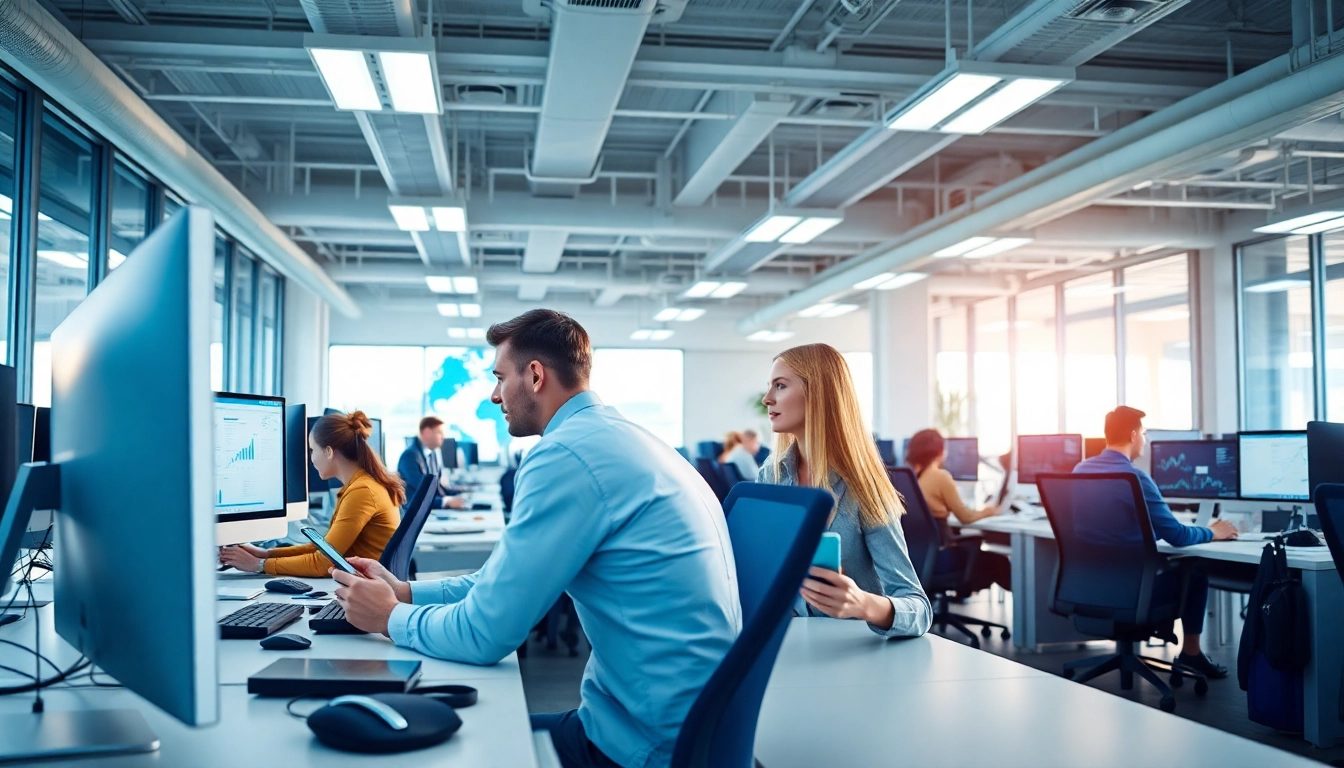 Engaged professionals demonstrating the 02 login business in a modern office environment.