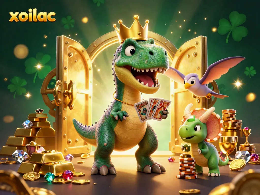 Xoilac captures winning moments for casino lovers with a dynamic T-Rex and friends among golden treasures.