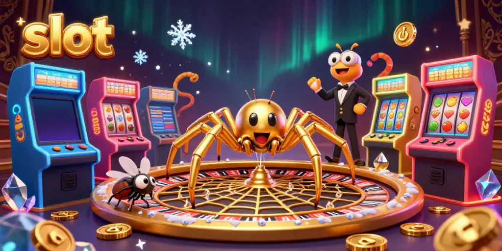 Slot mesin yang menakjubkan dalam ilustrasi 3D dengan jaring laba-laba berlapis emas.