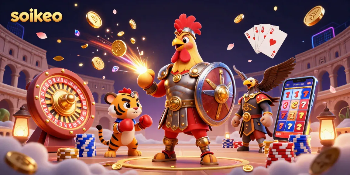 Engage with the soikeo spirit in this vibrant 3D illustration featuring gladiator rooster and gaming elements.