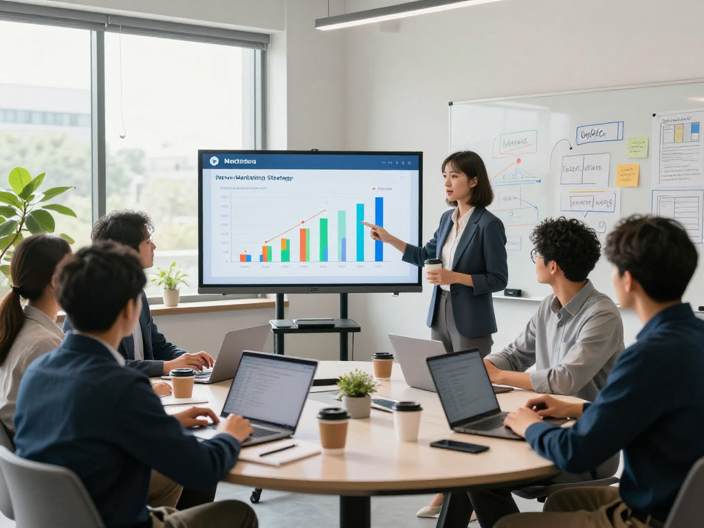 Purchase app downloads through effective marketing strategies in a team meeting setting.