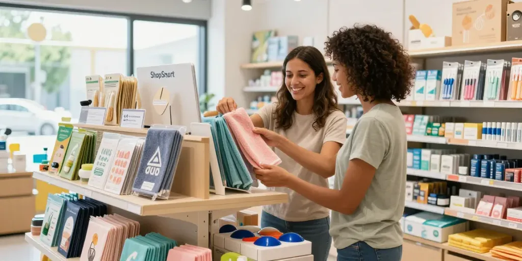 Shopsmart e-commerce shopping scene featuring personalized towels and dental care products in a modern store environment.