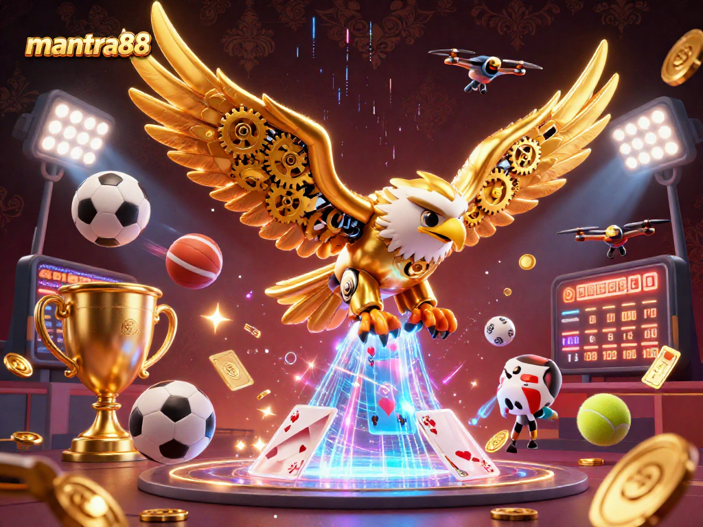 Experience excitement with mantra88 as golden eagle flies through playing cards in a thrilling casino scene.