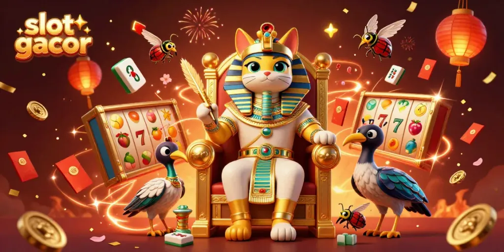 Engage with slot gacor's thrilling experience featuring a pharaoh cat in a lively casino scene.