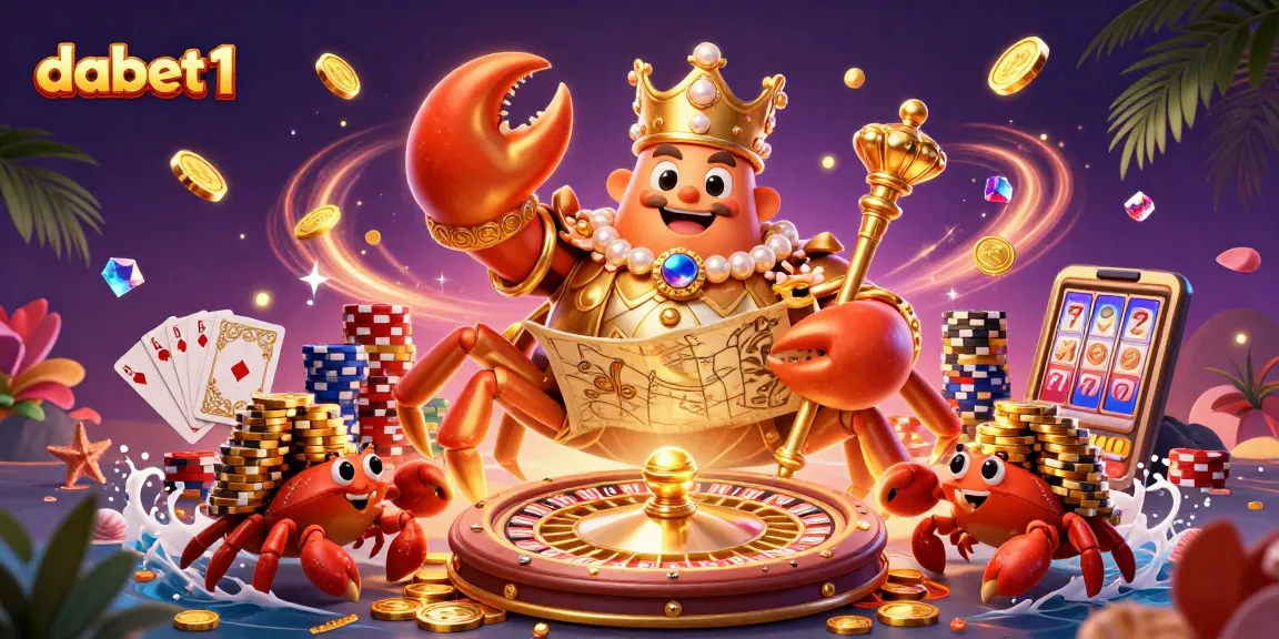 dabet1 showcases a vibrant 3D casino scene featuring a golden crab emperor, sparkling gems, and roulette elements.
