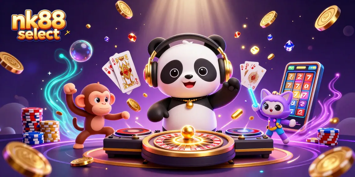 Experience the fun with nk88 select's DJ panda, breakdancing monkey, and rave kitten in a vibrant casino scene.
