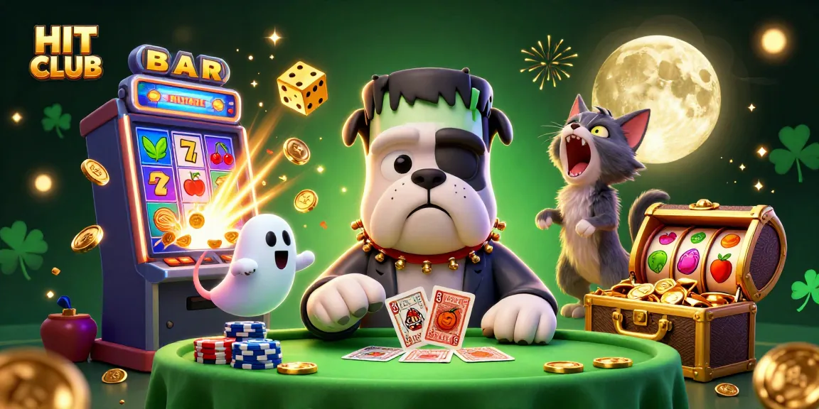 HIT CLUB casino scene featuring a monster bulldog dealing cards, vibrant slot machine action.