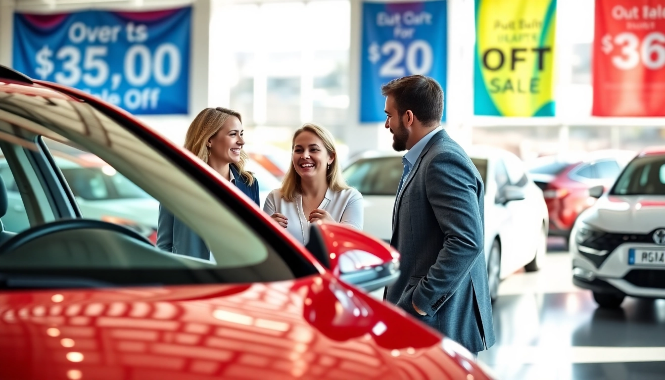 Buy New Car with family inspecting a vehicle in a vibrant dealership showroom.
