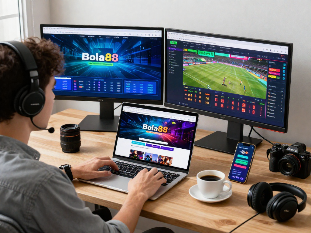 Bola88 user engaging with online betting platform in a vibrant gaming environment.