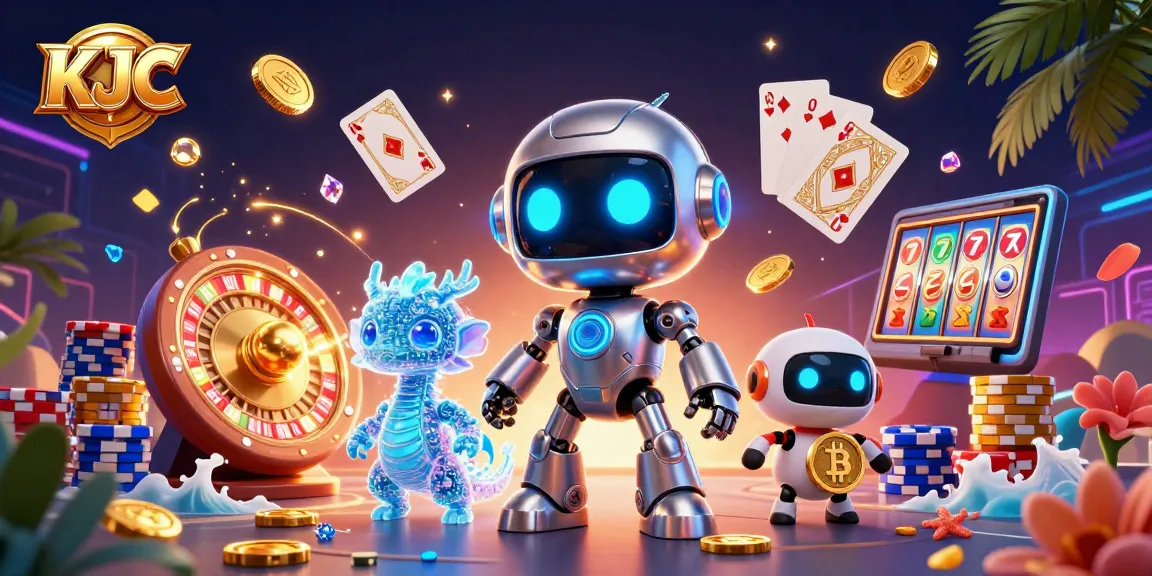 KJC showcases a vibrant 3D casino scene with a cyberpunk robot mascot, digital dragon, and bitcoin drone amidst dazzling gambling elements.