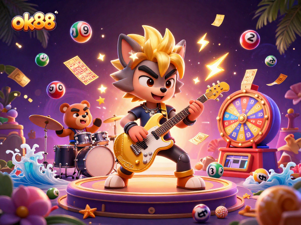 Experience the thrill of ok88 as colorful lottery elements and dynamic characters illuminate a casino stage.