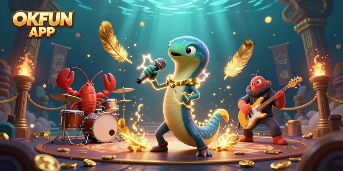 Engage with the vibrant OKFUN APP as a DJ eel performs in a rich underwater casino scene.