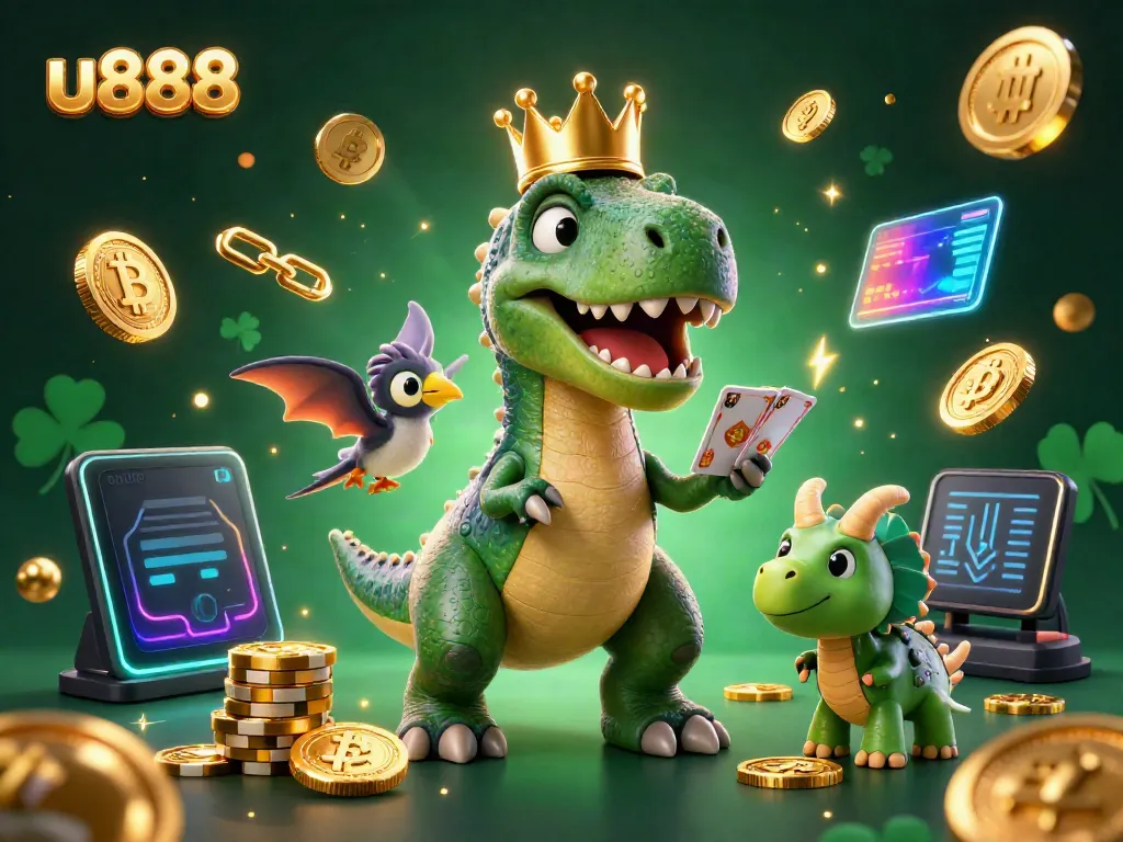 Engage with u888's thrilling casino scene featuring a T-Rex, pterodactyl, and triceratops amidst vibrant gaming elements.