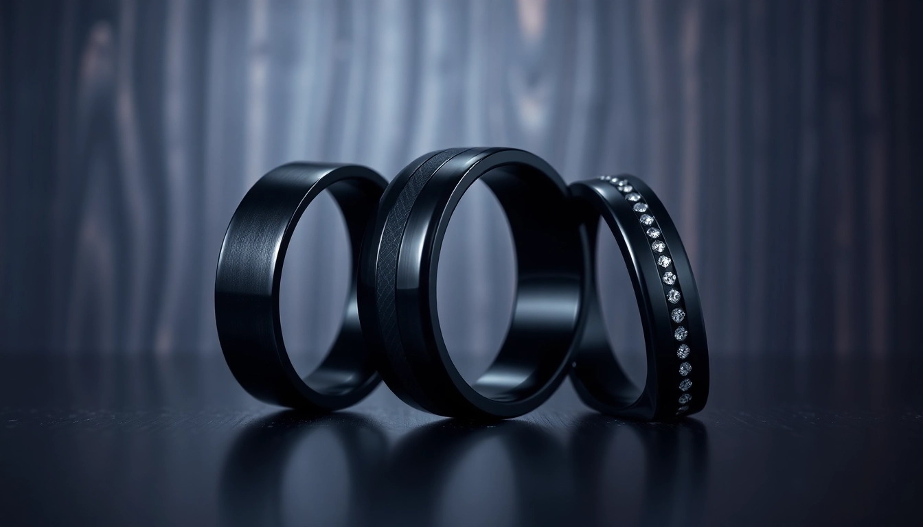Showcase of dark mens wedding bands highlighting elegance and craftsmanship.