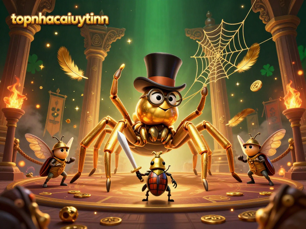 topnhacaiuytinn showcases an engaging scene with a golden tarantula and beetle knight in a casino setting.