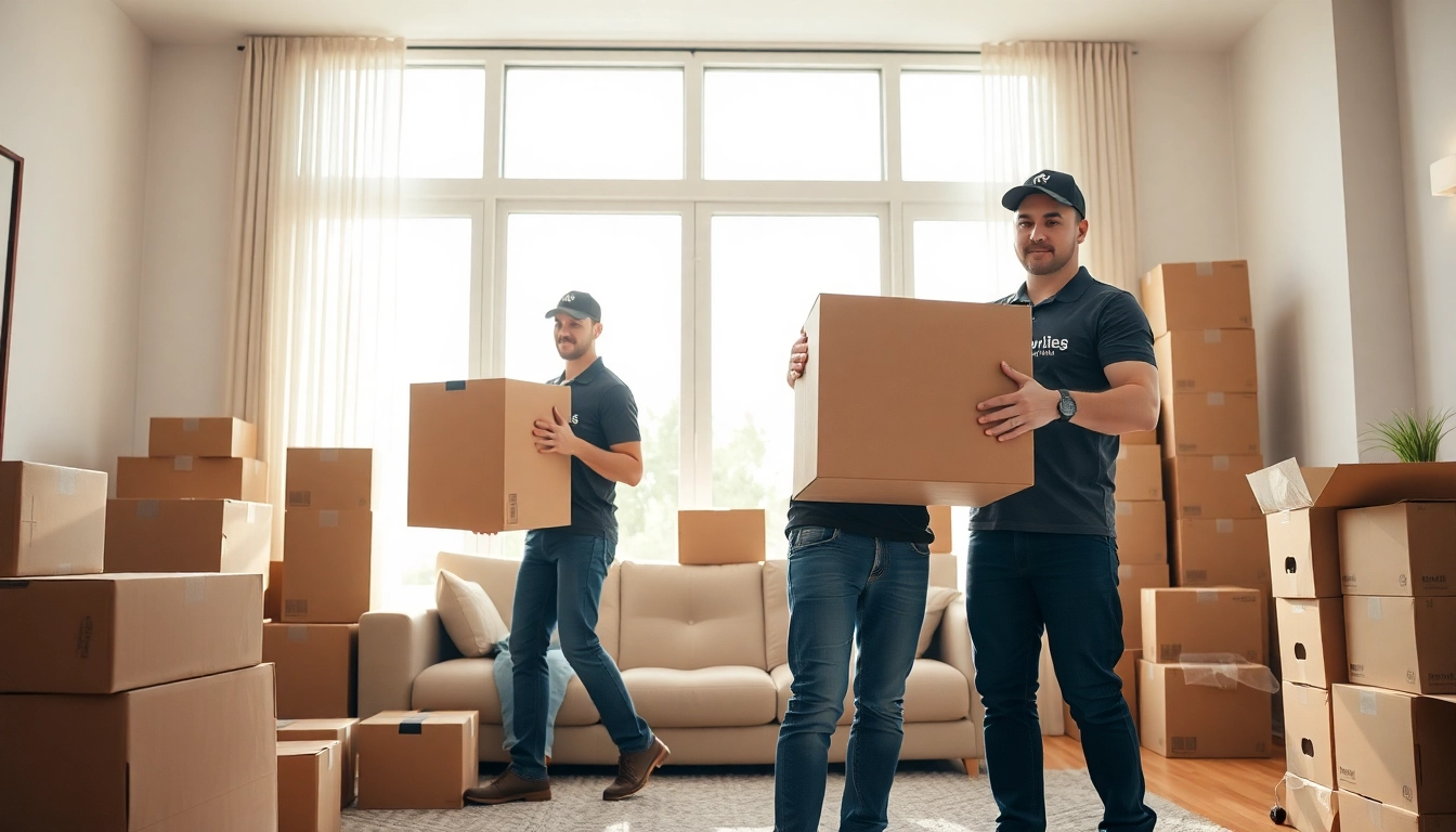 Efficient movers in vinice packing boxes in a bright living room.