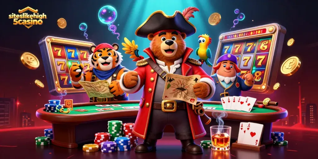 Experience excitement at siteslikehigh5casino with a dynamic scene showcasing vibrant slots and engaging characters.