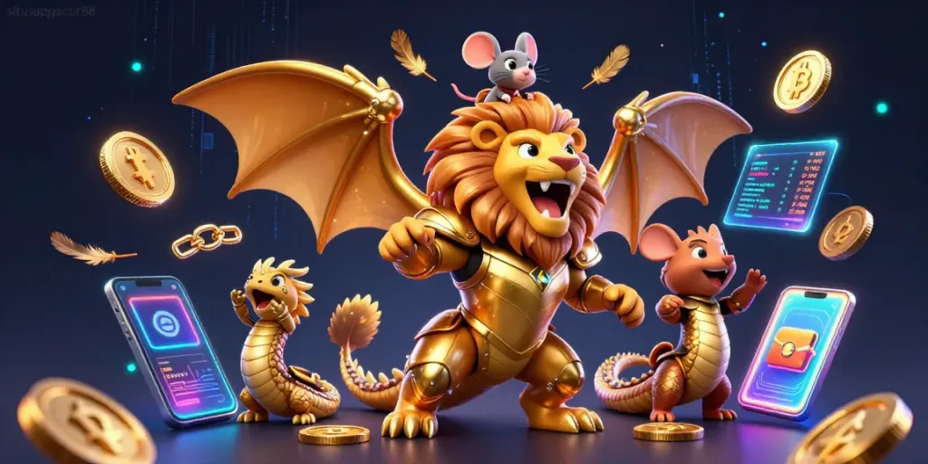 Engage in thrilling gameplay at situsapigacor88 with vibrant 3D illustrations featuring crypto elements and a powerful chimera.