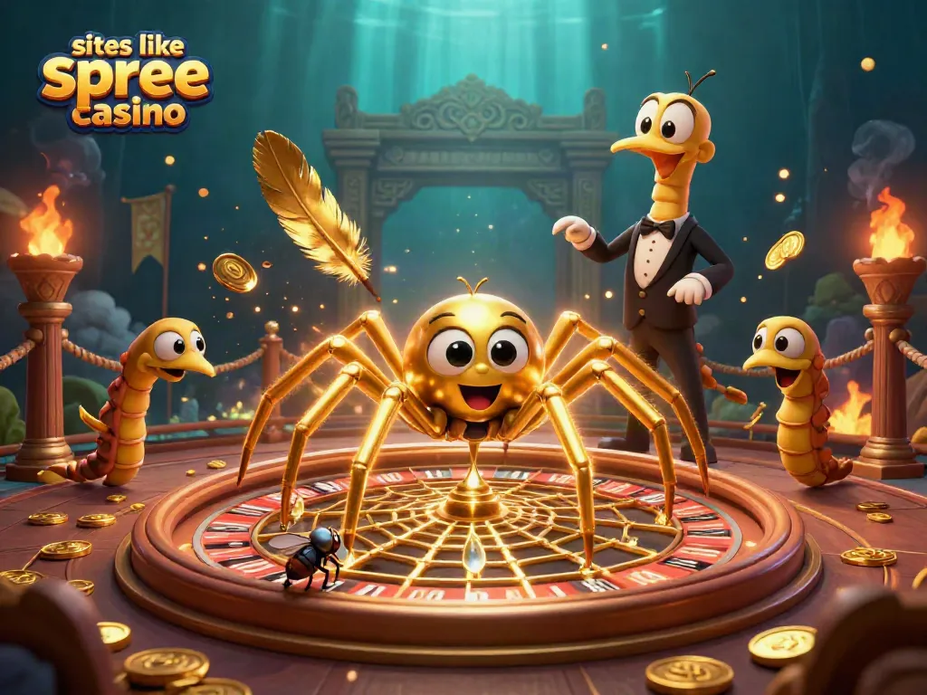 Engage with top sites like spree casino as a golden spider weaves a roulette wheel of bets in a vibrant 3D scene.