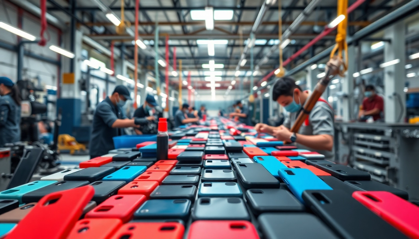 Workers assembling phone cases in a modern cell phone case factory setting.