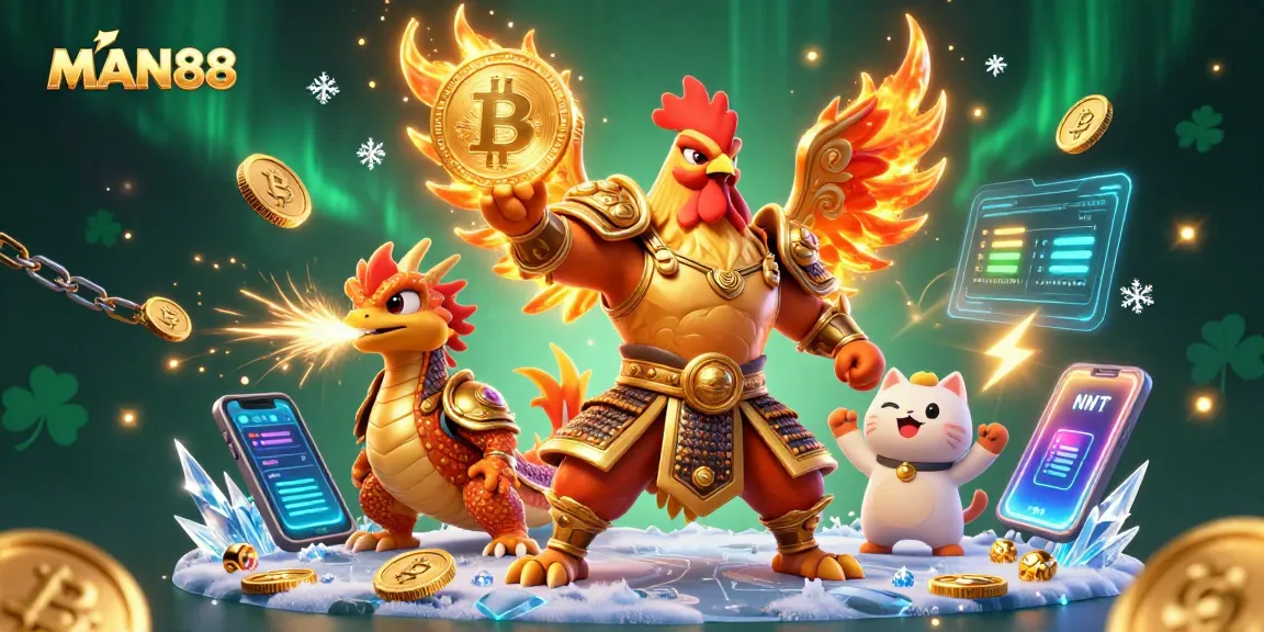Experience thrilling bets with MAN88 in a vibrant 3D gambling scene featuring iconic characters and crypto elements.