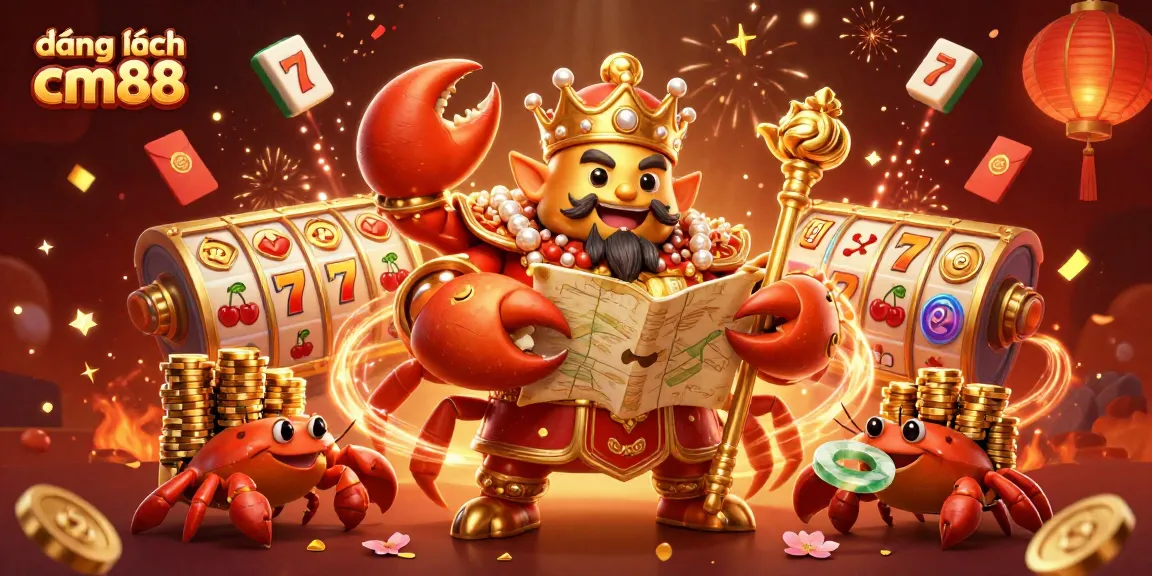 Experience exciting gameplay with đăng nhập cm88 through an ultra-detailed 3D casino scene featuring a royal crab and slot elements.