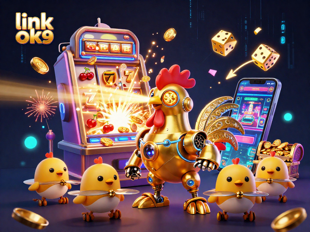 Engage in thrilling gameplay at link ok9, featuring a golden rooster robot and casino elements.