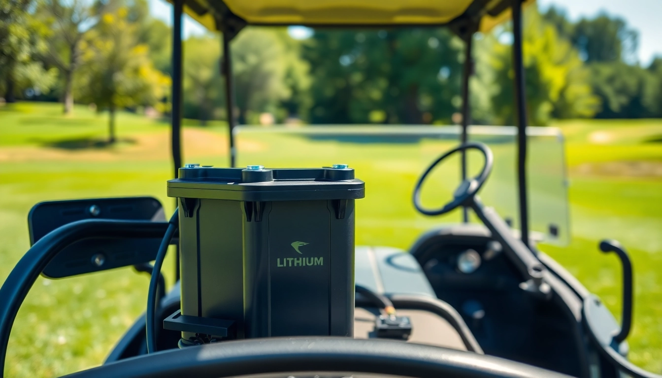 Showcasing lithium golf cart batteries in a modern golf cart against a lush green backdrop.