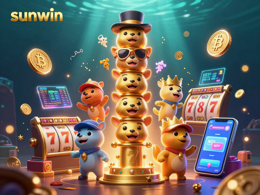 Engage with exciting slots at Sunwin, featuring a golden totem and vibrant casino tokens.