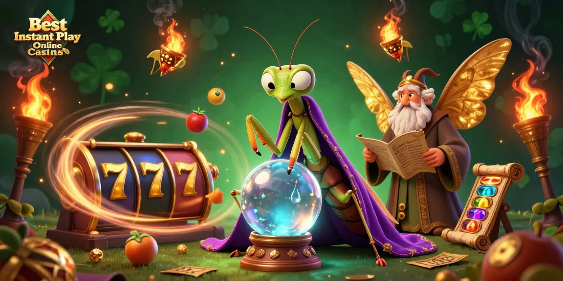 Experience the magic at Best Instant Play Online Casinos with exciting slot reels and vibrant characters.