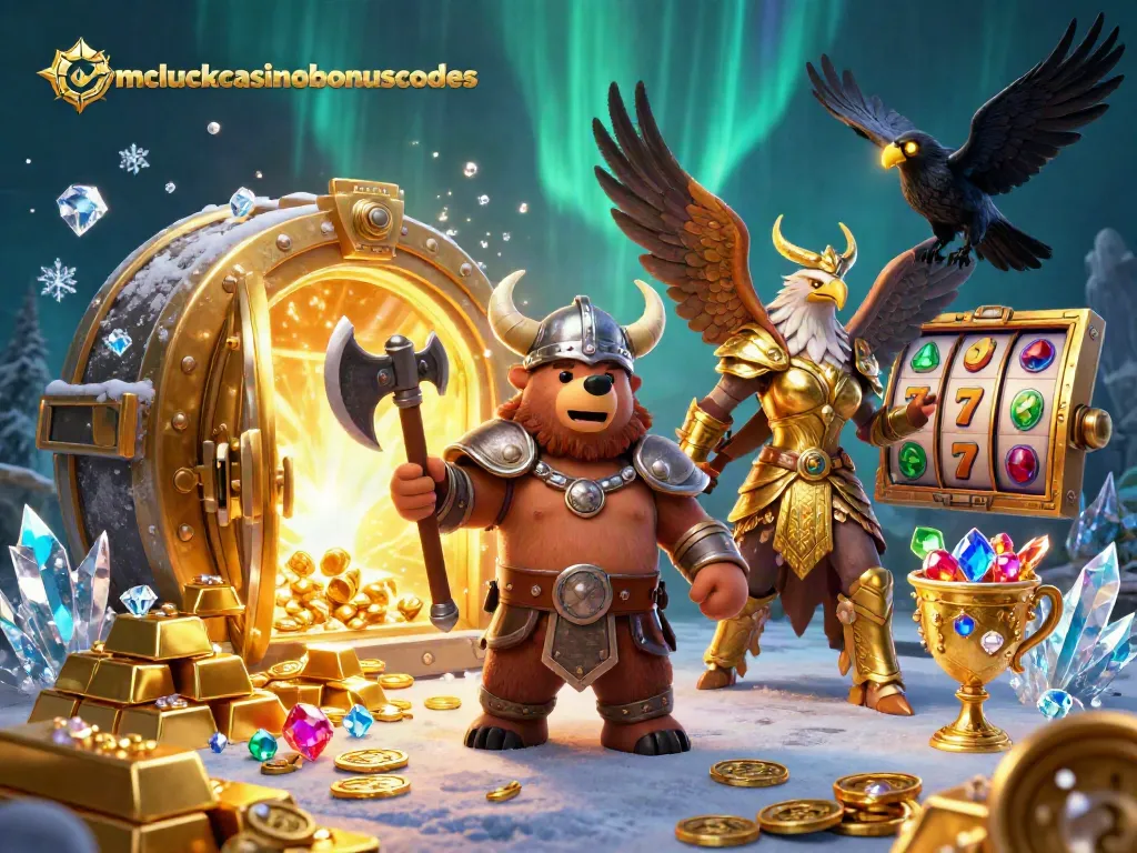 Engage the excitement of mcluckcasinobonuscodes with a vibrant 3D casino illustration featuring slots and treasures.