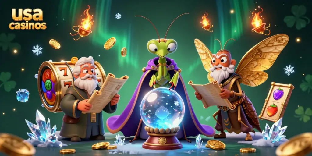 Explore usa casinos with an enchanting mantis fortune teller and library moth in a vivid 3D scene.